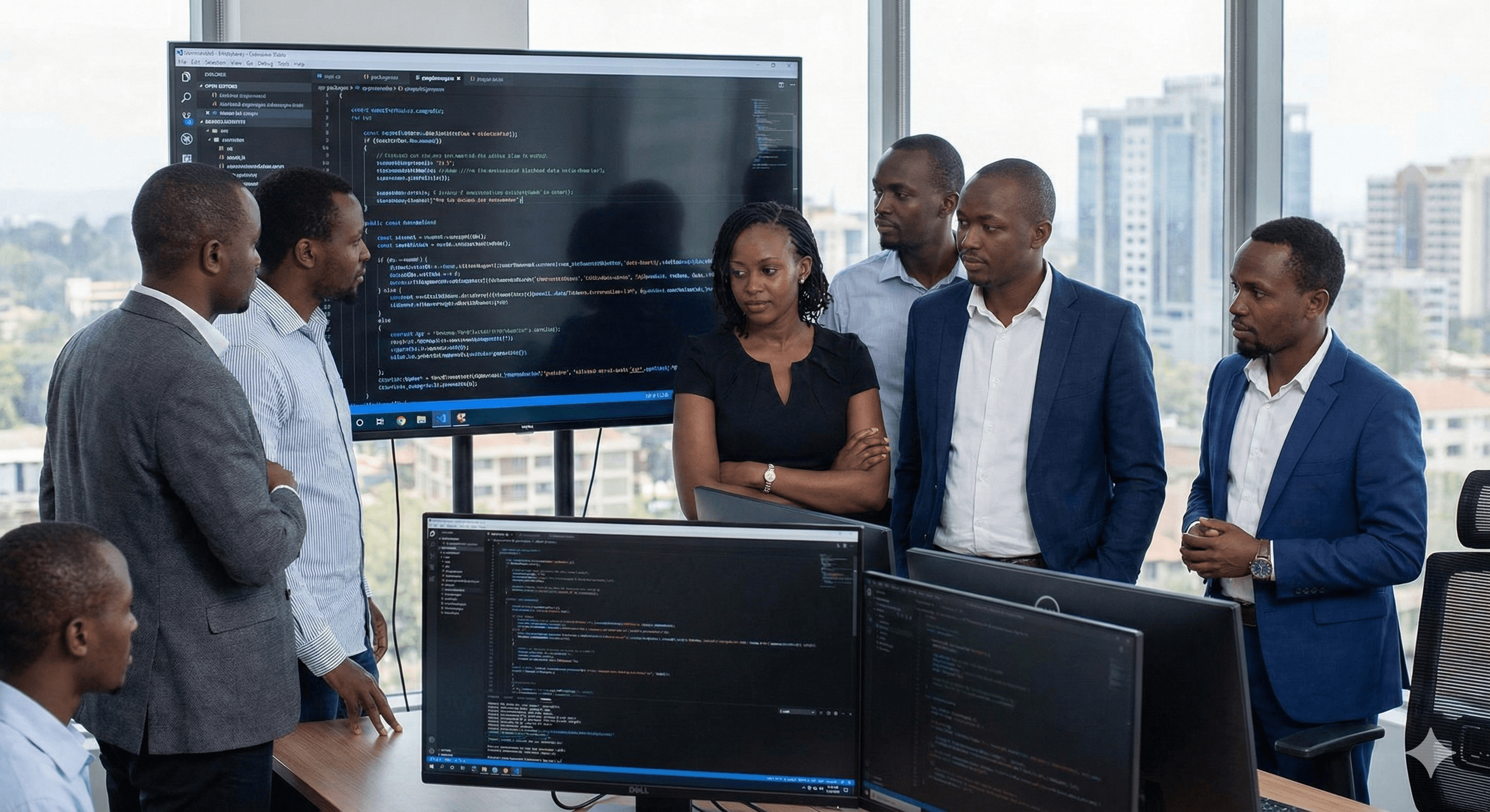 Professional team collaborating on software solutions